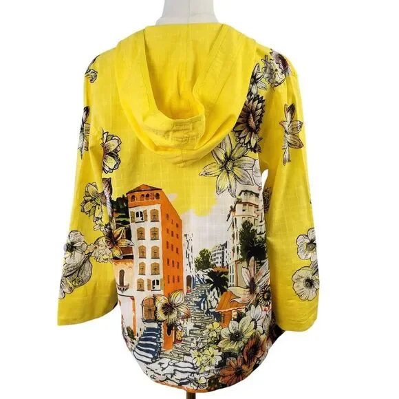 Chico’s Size 1 Medium Yellow Floral 100% Cotton Hoodie Roll Tab Sleeves Pockets - Picture 10 of 14